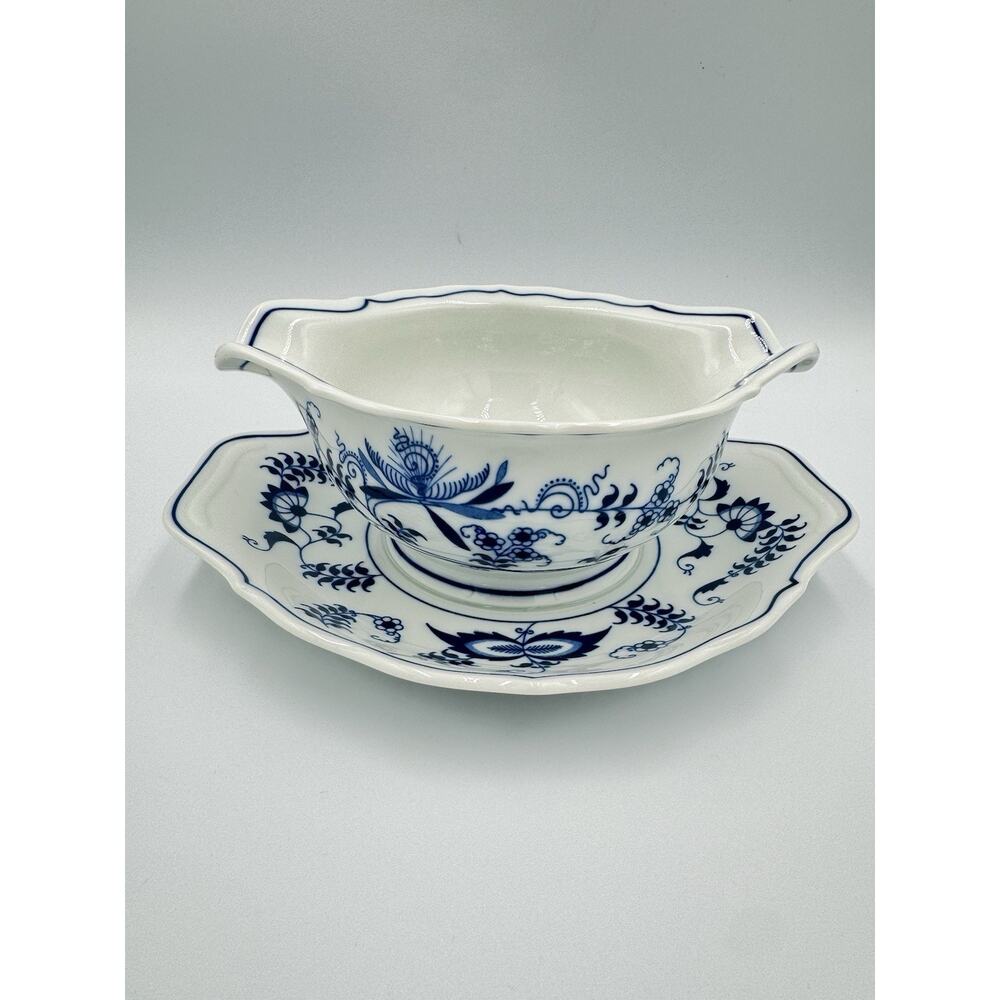 Vintage Blue Danube Blue Onion Gravy Boat with Attached Underplate